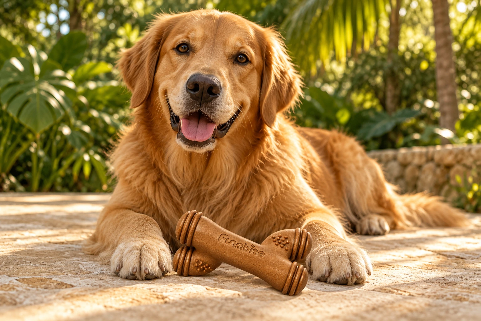 Illustrative scene of a relaxed golden retriever in a garden