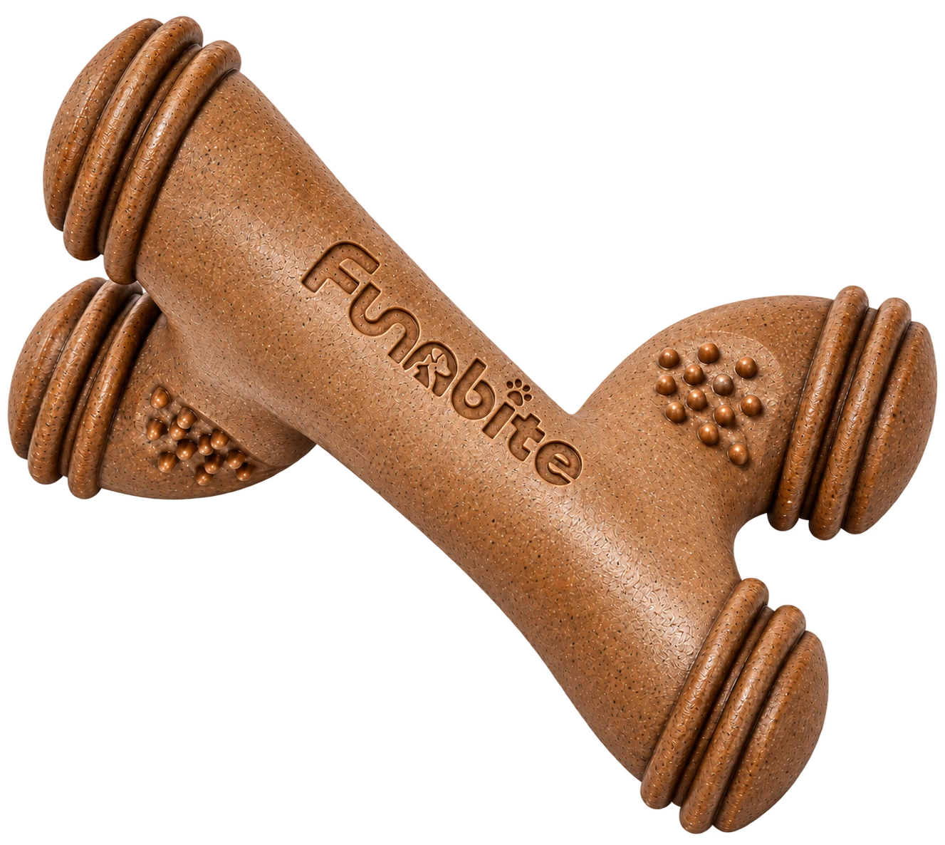 Brown Funnbite bone-shaped chew with açaí fiber texture and molded ridges