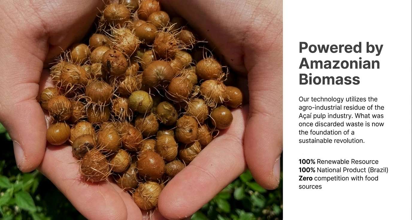 Hands holding açaí seed biomass, from the supplied Polimex material reference